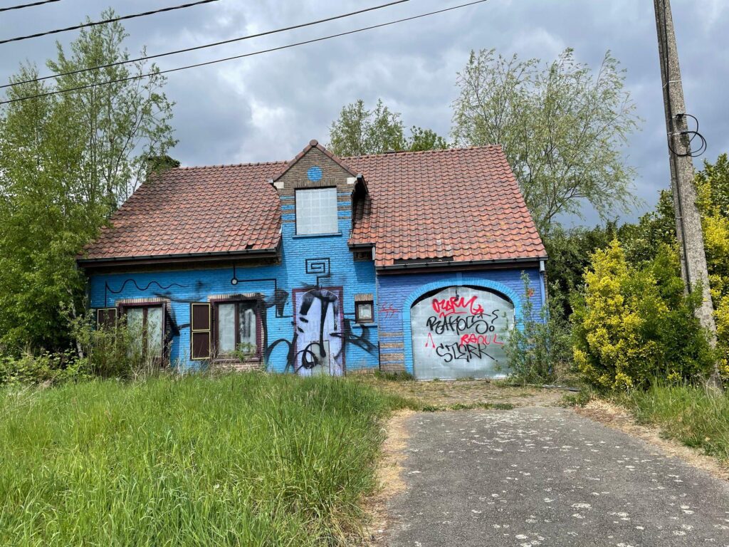 a photograph of an abandoned blue building