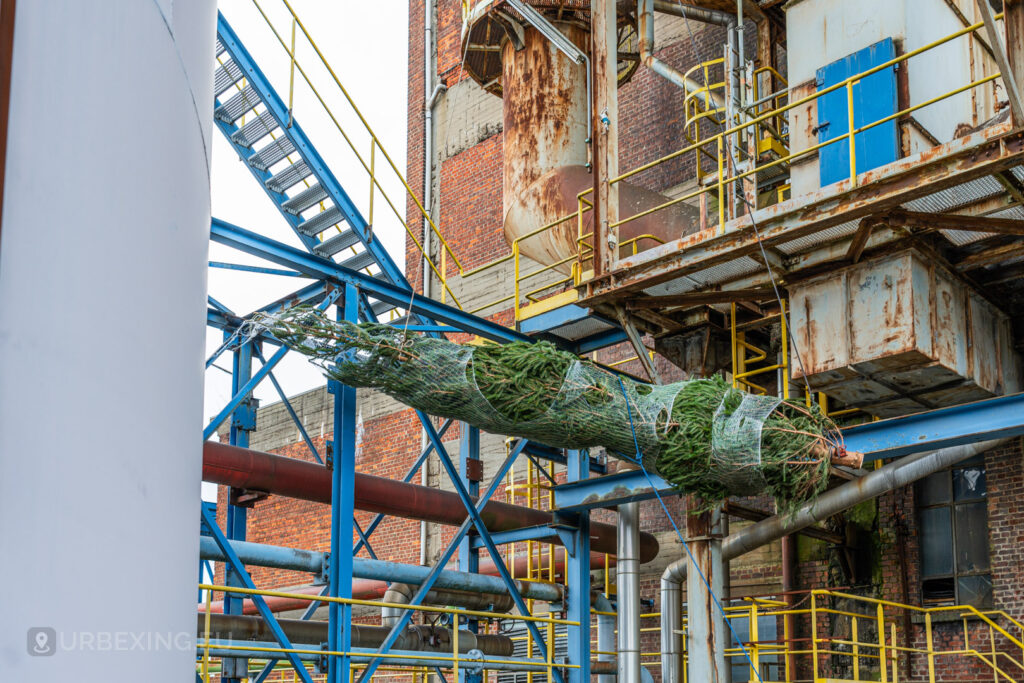 A bundled Christmas tree hangs between the beams of the abandoned HF6 power plant in Seraing, Belgium, contrasting festive cheer with the industrial decay of this urban exploration site.