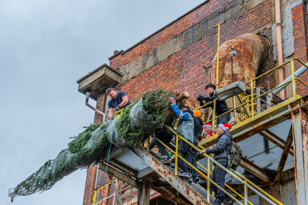 Urban explorers work together to hoist a Christmas tree up a rusted staircase at the abandoned HF6 power plant in Seraing, Belgium, blending holiday cheer with the raw appeal of urban exploration.