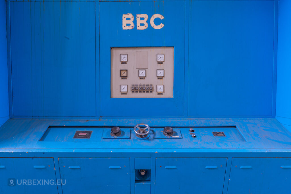 Close-up of control dials and gauges on the blue BBC generator in the abandoned Kraftwerk Voerde, Voerde, Germany.