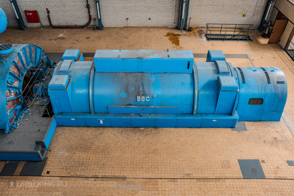 Overhead close-up of a blue BBC turbine generator in the abandoned Kraftwerk Voerde, Voerde, Germany.