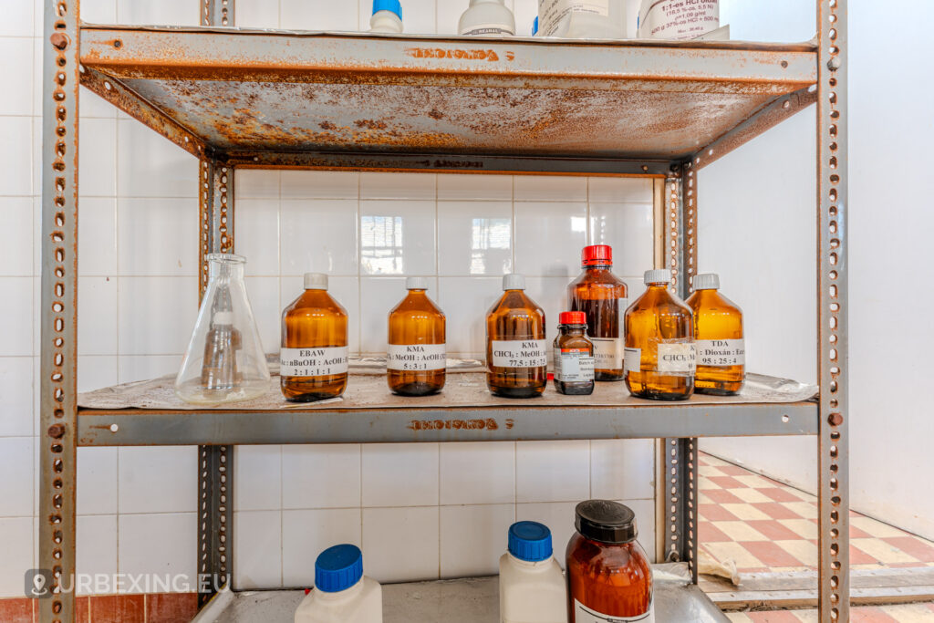 Chemicals at the abandoned laboratory of a chemical plant in Hungary