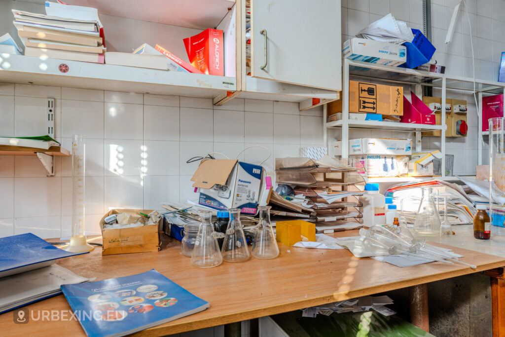 Desk with beakers at an abandoned laboratory in Hungary