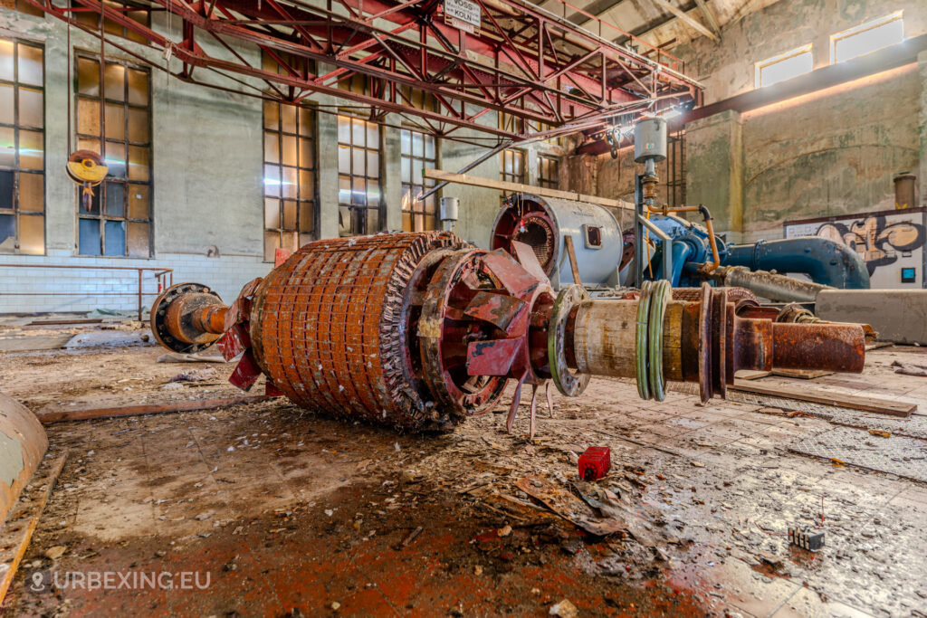 Close-up of historic compressor machinery at Niederberg mine